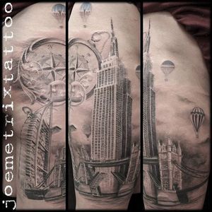 Tower Bridge, Empire State Building, and Burj Al Arab tattoo by Joe Metrix. #blackandgrey #realism #architecture #TowerBridge #EmpireStateBuilding #BurjAlArab #JoeMetrix
