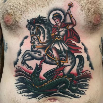 Courage in the face of danger. Tattoo by Zach Nelligan #ZachNelligan #horsetattoos #color #traditional #horse #creature #dragon #folklore #myth #legend #warrior #soldier #fight #animal