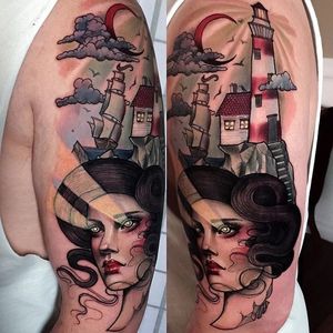 A lovely lady head with beaming eyes before a maritime scene by Hannah Flowers (IG—hannahflowers_tattoos). #clipper #HannahFlowers #ladyhead #lighthouse #maritime #neotraditional #painterly