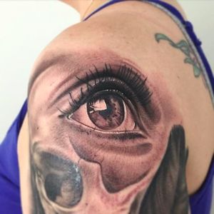 Realistic eye tattoo done by Nate Graves. #NateGraves #Sacred #realisticeye #michigan #blackandgrey #realistic #eye #iris
