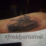 Realistic tank tattoo by Freddy Arenas #tank #tanktattoo #FreddyArenas #blackandgrey #realistic