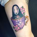 No-Face in a teacup tattoo by Carly Kroll. #CarlyKroll #girly #pinkwork #cute #neotraditional #popculture #kawaii #noface #studioghibli #spiritedaway #anime #teacup
