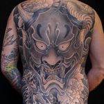 Hannya backpiece tattoo by Bill Canales #BillCanales #besttattoos #blackandgrey #Hannya #mask #Japanese #peony #snake #serpent #reptile #animal #demon #yokai #clouds #horns #fangs #smoke #tattoooftheday