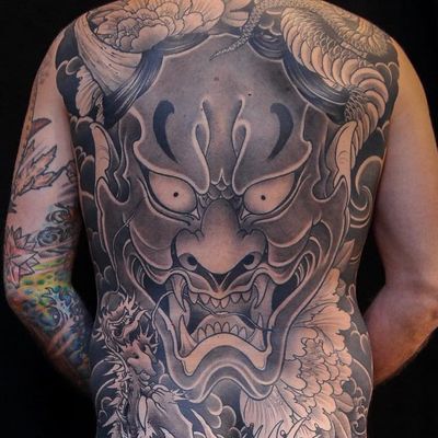 Hannya backpiece tattoo by Bill Canales #BillCanales #besttattoos #blackandgrey #Hannya #mask #Japanese #peony #snake #serpent #reptile #animal #demon #yokai #clouds #horns #fangs #smoke #tattoooftheday