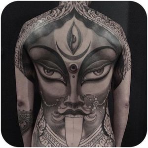 In-progress Kali by Anderson Luna. (Instagram: @andersonluna) #largescale #blackandgrey #backpiece #kali #AndersonLuna