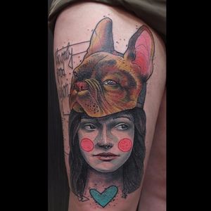 Masked woman tattoo by Tobias Burchert. #TobiasBurchert #traditionalartstyle #softpastel #contemporary #sketch #woman #portrait #frenchie #dog #bulldog