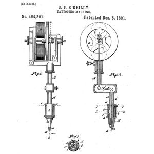 O’Reilly’s Tattooing-Machine Patent, U.S. Patent 464,801, filed July 16, 1891, and issued December 8, 1891. #Historical #Tattooing #SamOReilly #TattooMachine