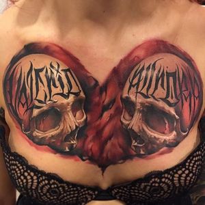 Double skull chest tattoo. By Benjamin Laukis. #realism #skull #BenjaminLaukis #colorrealism