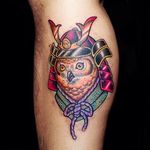 Samurai Owl, the defender. Clean details and vibrant colors. Cool tattoo by Jan Fresco. #toxic #JanFresco #goodhandtattoo #neotraditional #coloredtattoo #owl #samurai