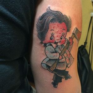 Patrick Bateman kewpie doll tattoo by Stacey Martin Smith. #kewpie #kewpiedoll #PatrickBateman #StaceyMartinSmith #AmericanPsycho