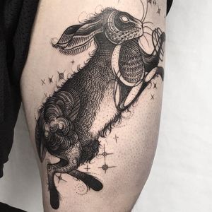 Bunny tattoo by Kelsey Moore #KelseyMoore #bunnytattoo #linework #dotwork #blackwork #illustrative #bunny #rabbit #nature #stars