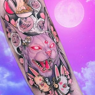 Espeon tattoo by Brando Chiesa. #BrandoChiesa #neotraditional #albino #creature #animals #pastel #japanese #cherryblossom #pokemon #mask #cute #kawaii #popculture #ramen