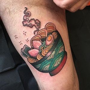 Ramen tattoo by Ernesto Visser #ErnestoVisser #ramentattoo #color #newtraditional #japanese #mashup #ramen #pho #soup #noodles #egg #narutomaki #nori #meat #foodtattoo #smoke #stars #steam #pattern #foodtattoo