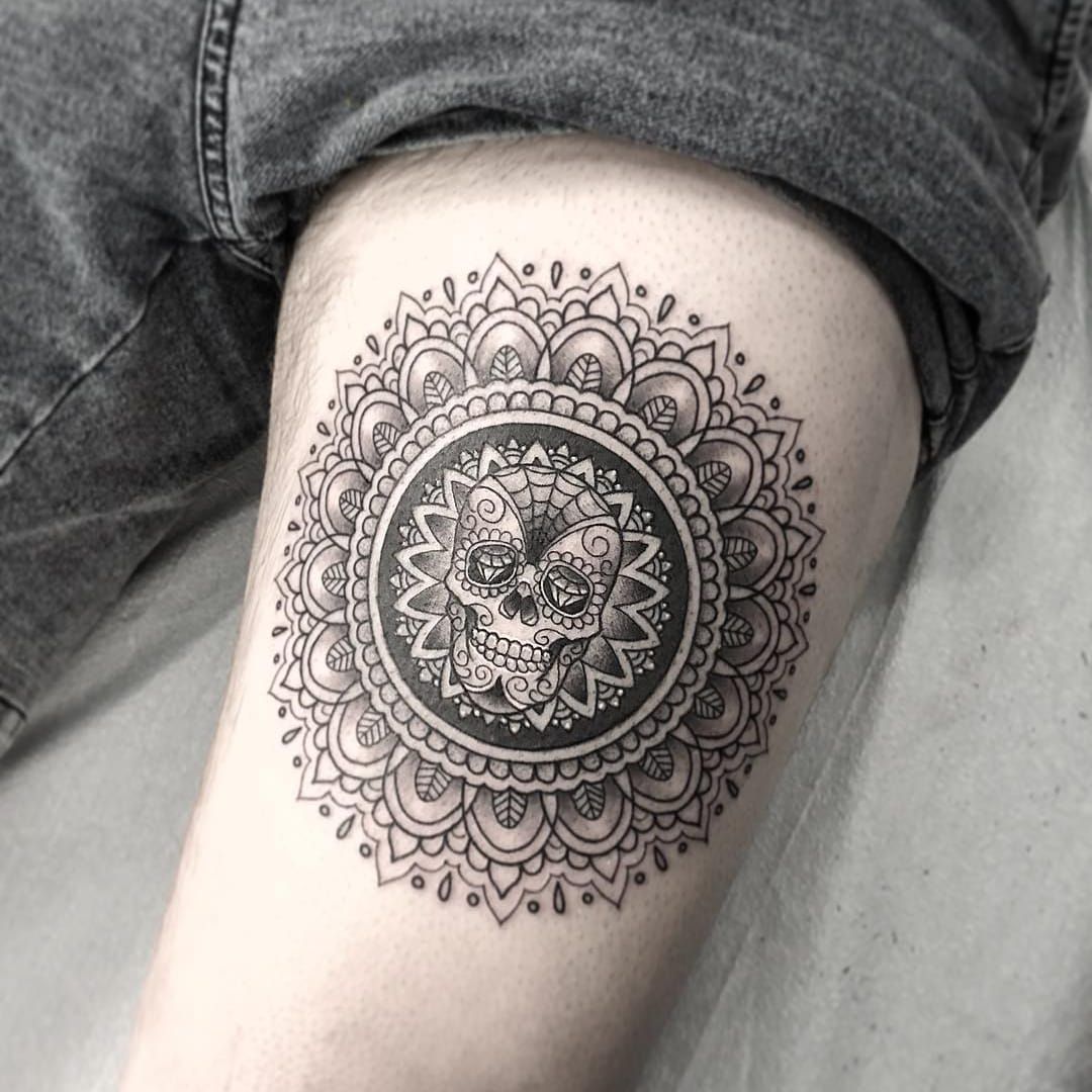 skullgeometriclegtattoolotusmandalatattooblackbackground  Leg  tattoo men Leg tattoos Mandala tattoo