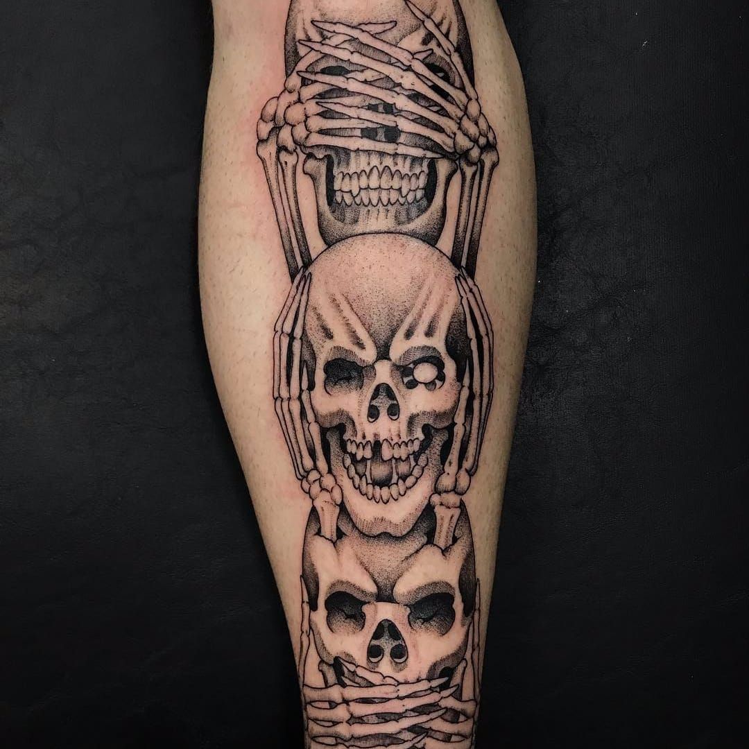 Black And Gray Blindfold Skull With See No Evil Tattoo