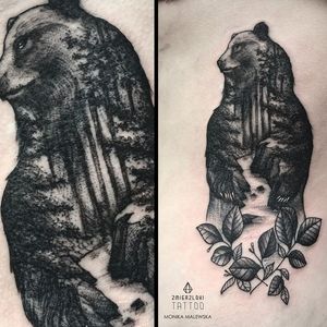 Double exposure bear tattoo by Monika Malewska #MonikaMalewska #monochrome #doubleexposure #bear #forest