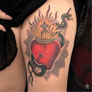 Sacred heart tattoo by Iditch #Iditch #traditional #neotraditional #sacredheart #arrow #snake