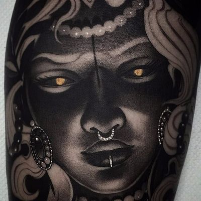Goddess by Cristian Casas #CristianCasas #blackandgrey #color #neotraditional #portrait #pearls #jewelry #nosering #eyes #lips #hair #face #tattoooftheday