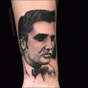 Elvis Presley Traditional Portrait Tattoo by Holly Ellis @Hollsballs1 #HollyEllis #IdleHandsSF #idlehandstattoo #Traditional #Black #Portrait #Portraittattoo #Elvispresley #Elvis