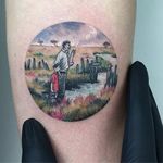 A father and son hang out by a brook, by Eva Galipdede. (via IG—evakrbdk) #microtattoo #microscenery #circlescene #tinytattoo