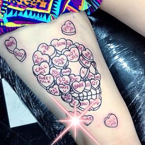 Candy heart tattoo by Carla Evelyn. #candy #sweet #candyheart #skullcandy #candyskull
