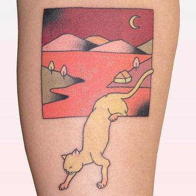 Landscape tattoo by Brindi #Brindi #landscapetattoo #color #surreal #mountains #moon #house #sky #surreal #trees #nature #cat #window #tattoooftheday