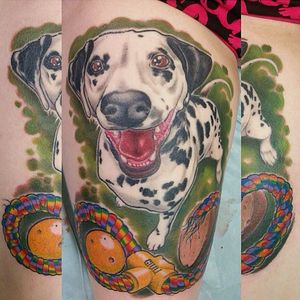 Dalmatian with all its favorite toys. Tattoo by Tom Lennert. #neotraditional #dog #petportrait #dalmatian #TomLennert