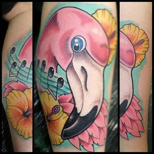 Flamingo, music and hibiscus tattoo by Mike Bibler. #newschool #music #flamingo #hibiscus #MikeBibler