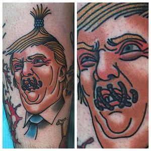 Donald Trump Shrunken Head tattoo by Pat Bennet. #traditional #donaldtrump #election2016 #2016 #lol