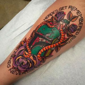 Tattoo by Jenn Siegfried #BobaFett #helmet #rose #flower #JennSiegfried