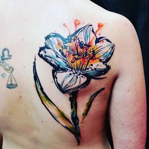 Sketchy watercolor daffodil tattoo by Jay Van Gerven. #watercolor #JayVanGerven #flower #daffodil #sketchy #illustrative #inksplatter