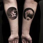 Who ever said bangers have to be simple? Lovely pair of matching small tattoos by Jeong Hwi Jeon. #blackandgrey #cherryblossom #JeongHwiJeon #portraiture #realism