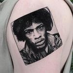 Jimi Hendrix box tattoo by Charley Gerardin. #CharleyGerardin #box #portrait #contemporary #pointillism #blackwork #dotwork #handpoke #JimiHendrix #musician #music