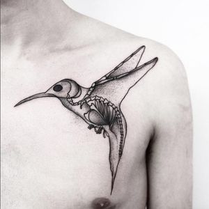 A very macabre little humming bird by Malvina Maria Wisniewska (IG—malwina8).  #anatomical #dotwork #hummingbird #illustrative #MalvinaMariaWisniewska