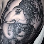A close up of one of Flo Nuttall's (IG—flonuttall) beautiful tattoos of Ganesha. #blackandgrey #FloNuttall #Ganesh #ornate