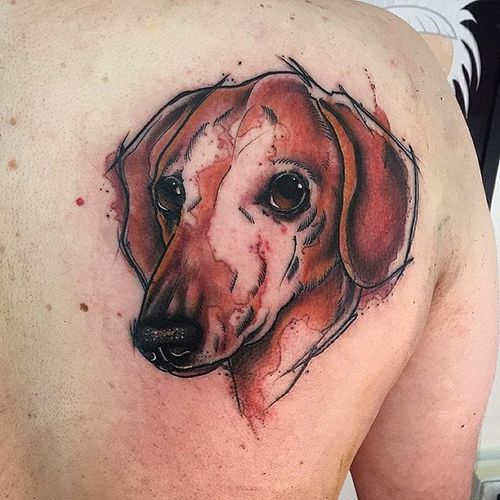 Illustrative dachshund tattoo by César Castillo-Marquez. #illustrative #sketchy #dog #dachshund #watercolor #CésarCastilloMarquez