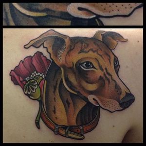 Neo traditional greyhound tattoo by Toni Garcia. #dog #flower #greyhound #neotraditional #ToniGarcia