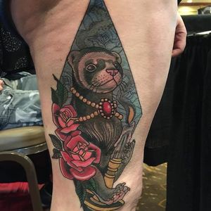 Fancy ferret tattoo by Jamie Santos. #neotraditional #candle #flowers #rose #ferret #JamieSantos #animal #cute #critter #carnivore #creature #pet
