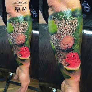 Insane Realistic Porcupine eating a Watermelon Tattoo by Jozsef Torok @Torok_Tattoo_Art #TorokTattooArt #Porcupine #Realistic #Watermelon #WatermelonTattoo #Fruit
