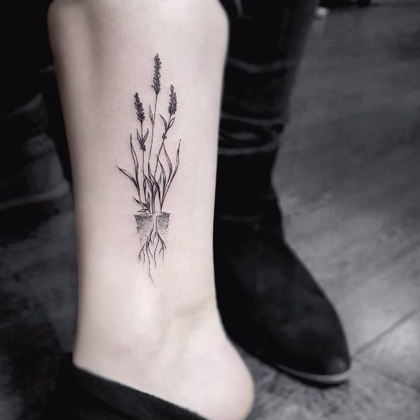 Black lavender tattoo on the ankle