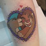 Lion King tattoo by Jaclyn Huertas. #JaclynHuertas #lionking #disney #film #movie #animated #lion #animal #couple #heart #nala #simba