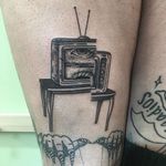 Defected TV table, by Arielle Coupe #ArielleCoupe #tabletattoo #blackandgreytattoo #table #blackandgrey