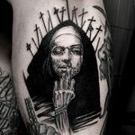 Blackwork nun with a skinned hand tattoo by HanBum Lee. #HanBumLee #Gghost #blackwork #hand #macabre #gore #dark #nun