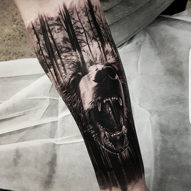 Realistic Bear Mens Chest Tattoo