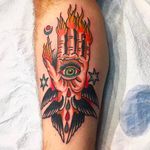 Winged flaming hand with eye tattoo. Rad work by Robert Ryan. #RobertRyan #esoteric #boldtattoos #traditionaltattoos #handofglory #wingedhand