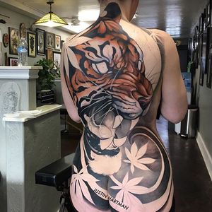 Neo Traditional Tattoo by Justin Hartman #NeoTraditional #NeoTraditionalTattoos #NeoTraditionalArtists #BestArtists #BestTattoos #AmazingTattoos #JustinHartman #Weed #Weedtattoo #Tiger #Tigertattoo