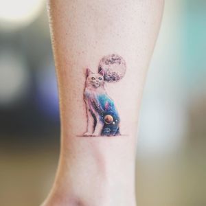 Space kitty tattoo by Nando #Nando #spacetattoos #color #fineline #realistic #realism #cat #kitty #moon #animal #nature #space #galaxy #universe #stars #constellation #planets #surreal
