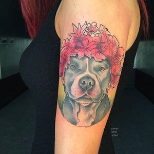 Pit bull and flowers tattoo by Mike Groves. #neotraditional #styledrealism #flowers #dog #pitbull #MikeGroves
