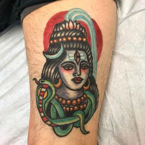 Tattoo by Robert Ryan #RobertRyan #color #traditional #Hindu #surreal #Shiva #cobra #snake #naga #lotus #moon #pearls #light #enlightenment #deity #god