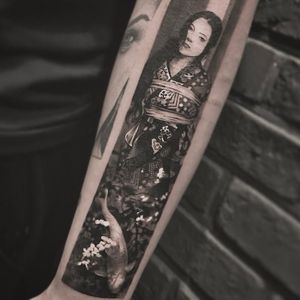 Araki tattoo by Cold Gray #ColdGray #blackandgrey #realism #realistic #hyperrealism #portrait #kimono #pattern #flowers #floral #shibari #Araki #cherryblossom #koi #fish #lady
